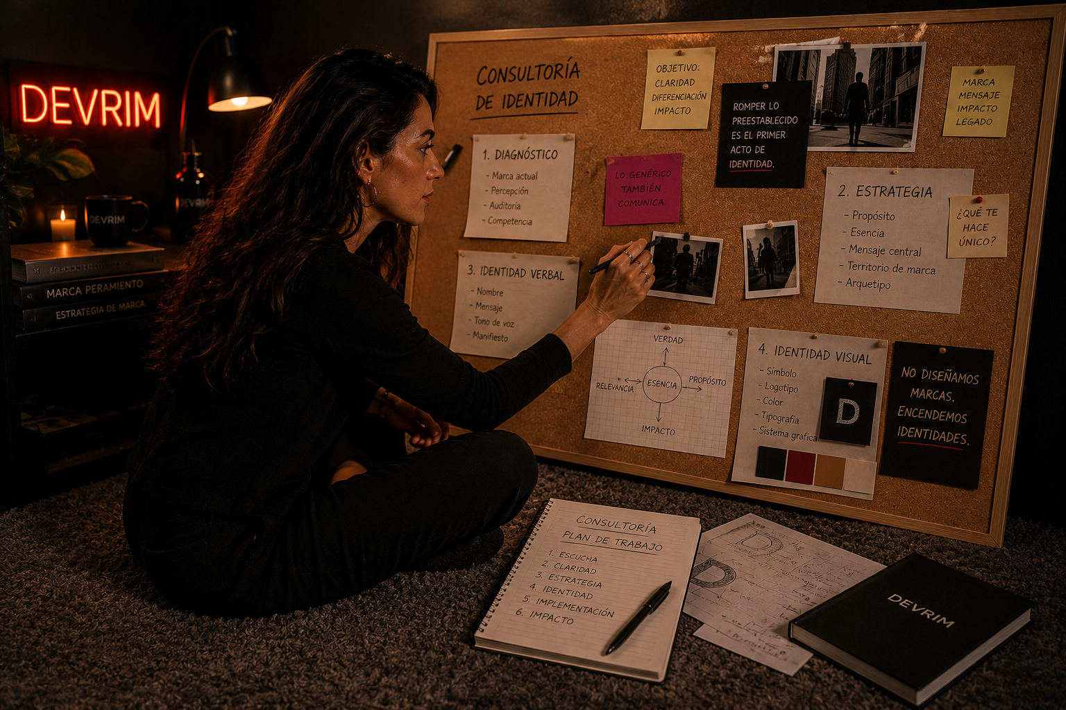 Escena editorial de consultoría de identidad para el sistema DEVRIM.
